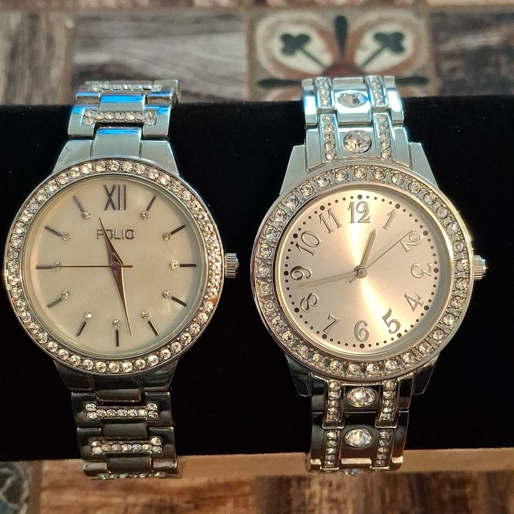 Two Womens Rhinestone Encrusted Silvertone 34mm Watches. Pre-Owned.